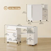 HOMCOM Rolling Sewing Machine Table with Power Outlet, Folding Craft Table with 2 Fabric Drawers, 2 Bins and 18 Pegs, White(m-3)