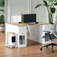 HOMCOM Office Desk, 55" Computer Desk with 4 Reversible Drawers, Mobile PC Stand, Adjustable Shelf, White Wood Grain(m-10)