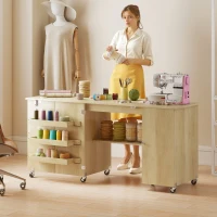 HOMCOM Sewing Machine Table with Drop Leaf, Folding Craft Table with 2 Doors and Adjustable Shelf for Small Spaces, Natural(m-8)