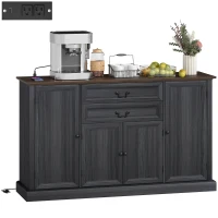 HOMCOM Farmhouse Sideboard with Charging Station and Thickened Top, 58" Buffet Cabinet with 2 Soft-Close Drawers, Black(m-11)