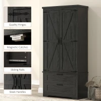 HOMCOM Farmhouse Kitchen Pantry Storage Cabinet, 64" Freestanding Kitchen Pantry Cabinet with Drawers, Distressed Black(m-9)