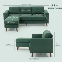 HOMCOM Sectional Sofa with Changeable Chaise Lounge, 3 Seat L-Shaped Sofa, Upholstered Couch for Small Space, Dark Green(m-3)