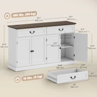 HOMCOM Buffet Cabinet, 55" Farmhouse Sideboard with Charging Station, 2 Drawers and 2 Adjustable Shelves, White Wood Grain(m-3)