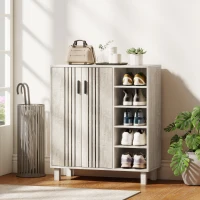 HOMCOM Shoe Storage with Double Doors and Open Shelves 17 Pair Shoe Storage Organizer for Entryway Hallway Light Grey(m-8)