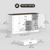 HOMCOM Farmhouse Sideboard with Charging Station and Thickened Top, 58" Buffet Cabinet with 2 Soft-Close Drawers, White(m-3)