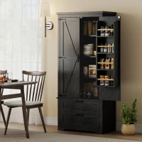 HOMCOM Farmhouse Kitchen Pantry Storage Cabinet, 64" Freestanding Kitchen Pantry Cabinet with Drawers, Distressed Black(m-1)