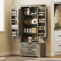 HOMCOM Farmhouse Kitchen Pantry Storage Cabinet, 64" Freestanding Kitchen Pantry Cabinet with Drawers, Distressed Grey(m-8)