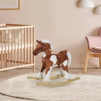 Qaba Kids Rocking Horse Plush Animal on Wooden Rockers with Sounds, Wooden Base, Baby Rocking Chair, Brown and White(m-8)