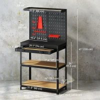 HOMCOM Work Bench with Pegboard, 31.5" Heavy Duty Metal Workbench with Hanging Kits, 2 Lower Shelves and Large Drawer, Black(m-3)