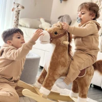 Qaba Kids Rocking Horse Plush Animal on Wooden Rockers with Sounds, Wooden Base, Baby Rocking Chair, Brown(m-9)
