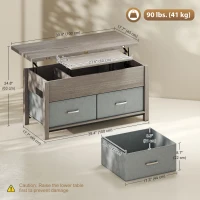 HOMCOM Lift Top Coffee Table, Center Table with 3 Hidden Compartments, 2 Fabric Drawers, Expandable Top and Charging Station(m-3)
