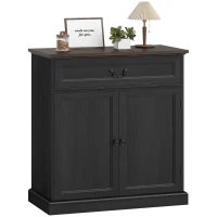 HOMCOM Buffet Cabinet, 32" Farmhouse Sideboard with Thick Top, Quiet Drawer and Adjustable Shelf, Black Wood Grain(m-11)