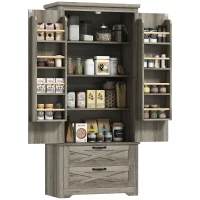 HOMCOM Farmhouse Kitchen Pantry Storage Cabinet, 64" Freestanding Kitchen Pantry Cabinet with Drawers, Distressed Grey(m-11)