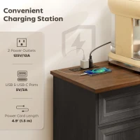 HOMCOM Buffet Cabinet, 55" Farmhouse Sideboard with Charging Station, 2 Drawers and 2 Adjustable Shelves, Black Wood Grain(m-4)