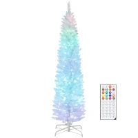 HOMCOM 6ft Christmas Tree with Colourful DIY Synchronized LEDs, Hinged Pencil Xmas Tree with Remote, Daily Timer, White(m-11)