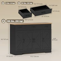 HOMCOM 47" Buffet Cabinet with Soft-Close Hinges, Farmhouse Sideboard with 3 Drawers, Adjustable Shelves and Spice Racks, Black(m-3)