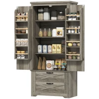 HOMCOM Farmhouse Kitchen Pantry Storage Cabinet, 64" Freestanding Kitchen Pantry Cabinet with Drawers, Distressed Grey(m-2)