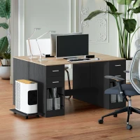 HOMCOM Office Desk, 55" Computer Desk with 4 Reversible Drawers, Mobile PC Stand, Adjustable Shelf, Black Wood Grain(m-10)