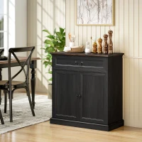 HOMCOM Buffet Cabinet, 32" Farmhouse Sideboard with Thick Top, Quiet Drawer and Adjustable Shelf, Black Wood Grain(m-1)