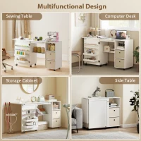 HOMCOM Rolling Sewing Machine Table with Power Outlet, Folding Craft Table with 2 Fabric Drawers, 2 Bins and 18 Pegs, White(m-7)