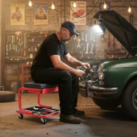 HOMCOM Rolling Garage Stool, 300 LBS Capacity Mechanic Stool with, Tool Trays Storage, Drawer, Black(m-9)