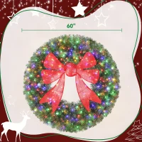 HOMCOM 60in Pre-Lit Christmas Wreath with 3D Red Bow, 11 Lighting Modes, Front Door Christmas Wreath with Remote(m-3)