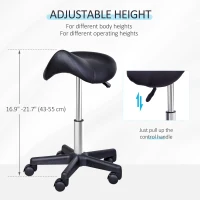 HOMCOM Saddle Stool, PU Leather Rolling Stool with Wheels, Adjustable Salon Chair for Kitchen, Salon Spa, Bar, Home Office, Massage, Black(m-4)