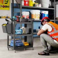 HOMCOM 3-Tier Rolling Tool Cart, 200 LBS Capacity Plastic Utility Cart with Side Shelf and Storage Bucket, Black(m-2)