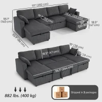 HOMCOM Convertible Sofa Bed, Corduroy U-Shaped Sleeper Sofa Couch with Storage Chaise, Pillows, Spring, Futon Couch, Grey(m-3)