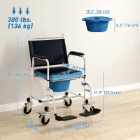 HOMCOM Rolling Shower Chair, Bedside Commode Wheelchair with Padded Seat, Backrest, for Seniors, Disabled, 300 lbs, Black(m-3)