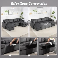 HOMCOM Convertible Sofa Bed, Corduroy U-Shaped Sleeper Sofa Couch with Storage Chaise, Pillows, Spring, Futon Couch, Grey(m-4)