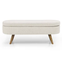 Oval Storage Ottoman Bench with Pleated Linen Fabric, Hidden Storage Footstool with Handmade Rubberwood Legs, 43.5" L x 16" W x 16" H, Beige(m-2)