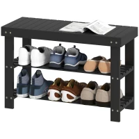 HOMCOM Bamboo Shoe Storage Bench, 3-Tier Entryway Bench with 2 Storage Shelves for Hallway, Holds 6 Pairs, Black(m-2)