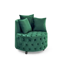 Velvet Upholstered Swivel Chair with Button-Tufted Back, Multi-Density Foam Cushion, Seat with 3 Accent Pillows, 30" L x 30" W x 26" H, Green(m-9)