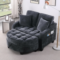 2-Seater Sofa Chaise Lounge with Irregular Curved Armrests, Ergonomic Backrest, Footrest with 2 Throw Pillows, 42.5" L x 32.5" W x 36.5" H, Black