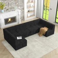 U-Shape Modular Sectional Sofa with Plush Terrycloth Upholstery, Space-Saving Minimalist Sleeper for Living Room, 130.5" L x 65" W x 30" H, Black(m-1)