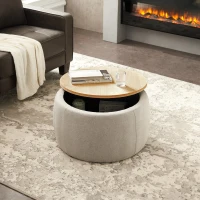 2-in-1 Round Storage Ottoman with Removable Lid, Hidden Storage, End Table & Ottoman for Living Room, 25.5" L x 25.5" W x 14.5" H, Light Grey(m-4)