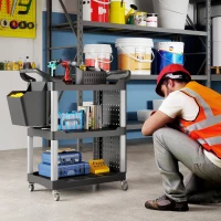 HOMCOM 3-Tier Rolling Tool Cart, 200 LBS Capacity Plastic Utility Cart with Side Shelf and Bucket, Black and Light Gray(m-2)