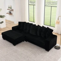 Corduroy Tufted Upholstered Sectional Sofa with Reversible Chaise, L-Shaped Sleeper with Removable Cushions, 110.5" L x 57" W x 25.5" H, Black(m-4)