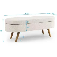 Oval Storage Ottoman Bench with Pleated Linen Fabric, Hidden Storage Footstool with Handmade Rubberwood Legs, 43.5" L x 16" W x 16" H, Beige(m-3)