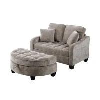 2-Seater Sofa Chaise Lounge with Irregular Curved Armrests, Ergonomic Backrest, Footrest with 2 Throw Pillows, 42.5" L x 32.5" W x 36.5" H, Brown(m-9)