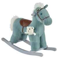 Qaba Kids Rocking Horse Plush Animal on Wooden Rockers with Sounds, Wooden Base and Bear Toy, Baby Rocking Chair, Blue(m-2)