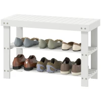 HOMCOM Bamboo Shoe Storage Bench, 3-Tier Entryway Bench with 2 Storage Shelves for Hallway, Holds 6 Pairs, White(m-2)