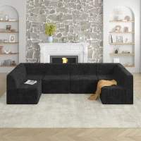 U-Shape Modular Sectional Sofa with Plush Terrycloth Upholstery, Space-Saving Minimalist Sleeper for Living Room, 130.5" L x 65" W x 30" H, Black(m-7)