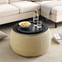 2-in-1 Round Storage Ottoman with Removable Lid, Hidden Storage, End Table & Ottoman for Living Room, 25.5" L x 25.5" W x 14.5" H, Natural(m-4)