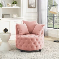 Velvet Upholstered Swivel Chair with Button-Tufted Back, Multi-Density Foam Cushion, Seat with 3 Accent Pillows, 30" L x 30" W x 26" H, Pink(m-4)