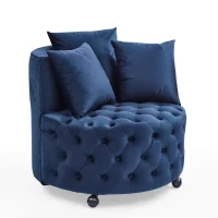 Velvet Upholstered Swivel Chair with Button-Tufted Back, Multi-Density Foam Cushion, Seat with 3 Accent Pillows, 30" L x 30" W x 26" H, Blue(m-9)