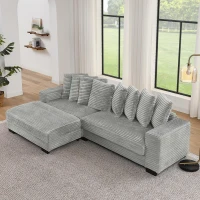 Tufted Corduroy Upholstered Sectional Sofa with Reversible Chaise, Footrests, Sleeper for Compact Room, 110.5" L x 57" W x 25.5" H, Gray(m-5)