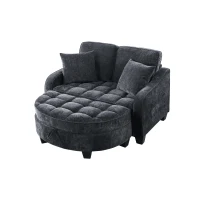 2-Seater Sofa Chaise Lounge with Irregular Curved Armrests, Ergonomic Backrest, Footrest with 2 Throw Pillows, 42.5" L x 32.5" W x 36.5" H, Black(m-2)