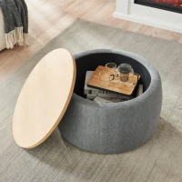 2-in-1 Round Storage Ottoman with Removable Lid, Hidden Storage, End Table & Ottoman for Living Room, 25.5" L x 25.5" W x 14.5" H, Dark Grey(m-4)